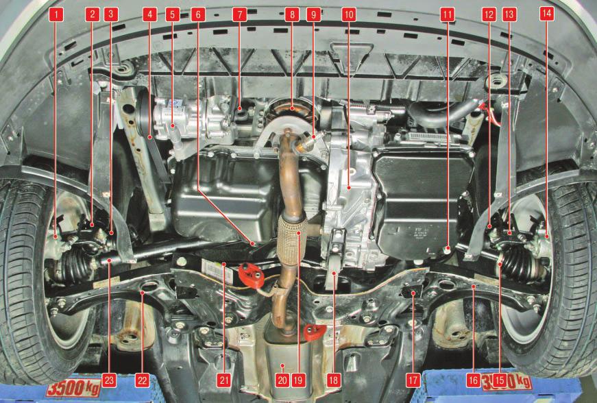 Подкапотное пространство и основные агрегаты автомобиля (вид снизу)